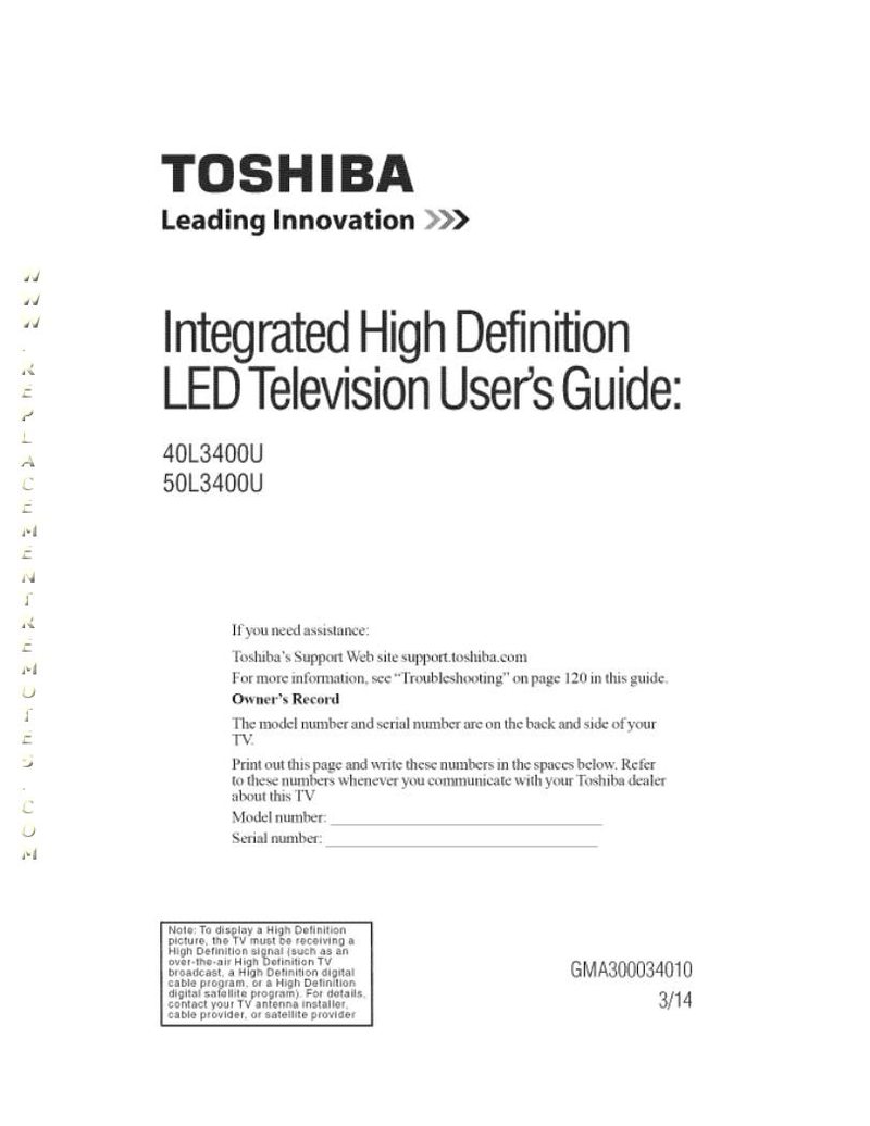 Buy TOSHIBA 50L3400OM 50L3400 Operating Manual