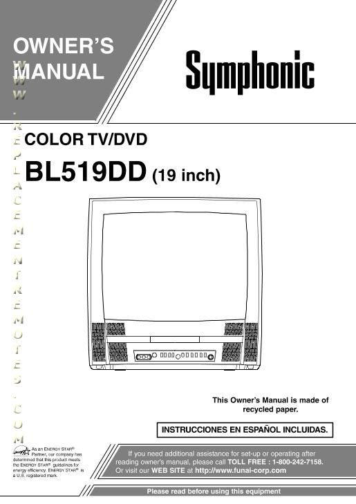 Buy SYMPHONIC BL519DDOM BL519DD NE218UD Operating Manual