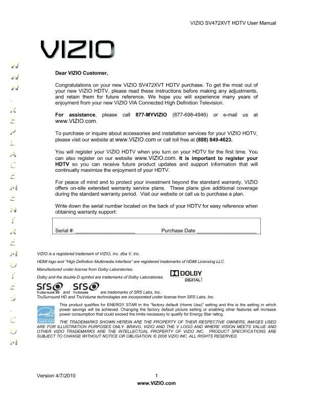 Buy VIZIO SV472XVTOM SV472XVT Operating Manual