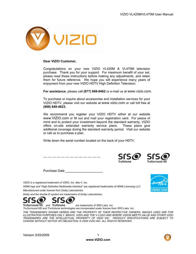 Buy VIZIO VL420MOM VL420M VL470M Operating Manual