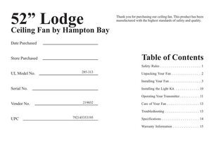 Hampton Bay 285313 Lodge 52in Ceiling Fan Operating Manual