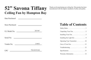 Hampton Bay AC386WBHAMPTONBAYSAVONA52INWEATHEREDBRONZECEILINGFANOM Ceiling Fan Operating Manual